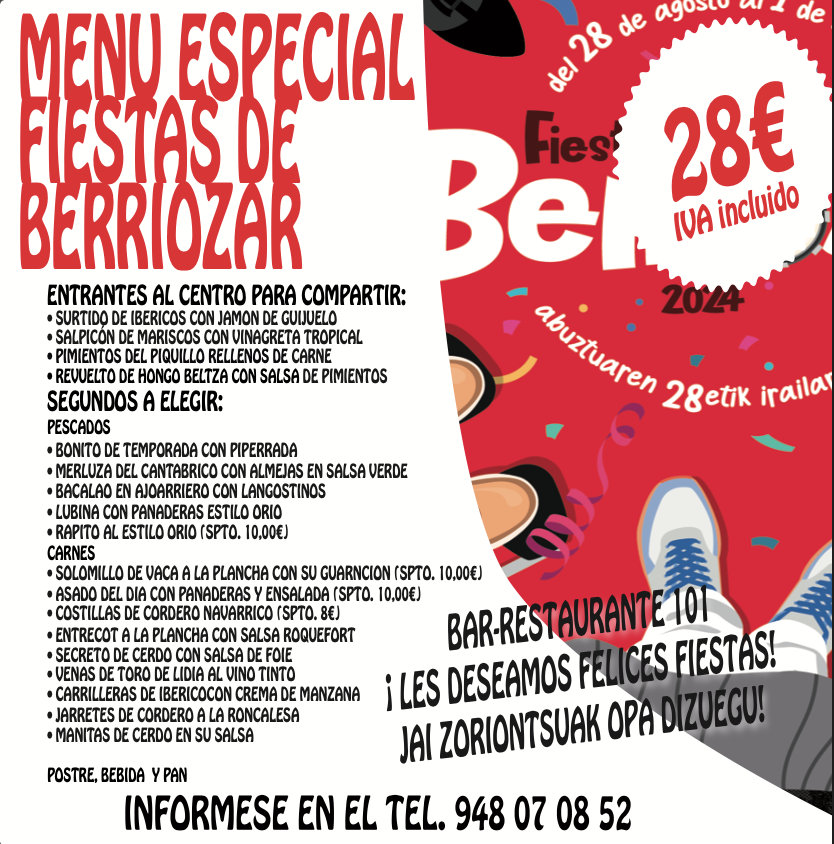 Menú Especial fiestas de Berriozar en Bar 101